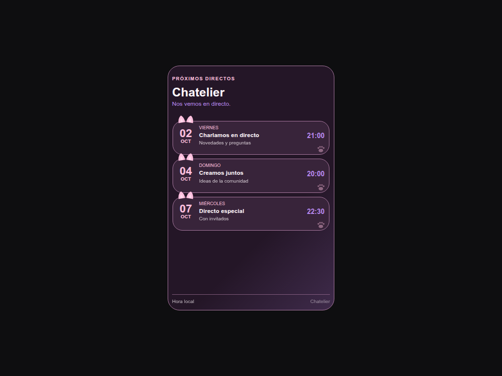 Captura del calendario para directos de Chatelier, con próximos eventos y horarios