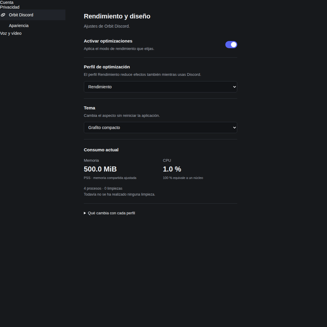 Panel de Orbit Discord con perfil de rendimiento, selección de tema y métricas de consumo